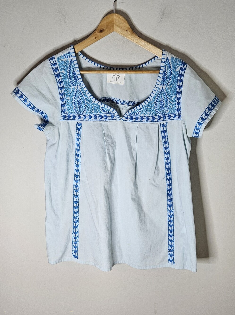 Pomegranate Mexican Embroidery Top Cotton Blue Short Sleeve V Neck Women's S